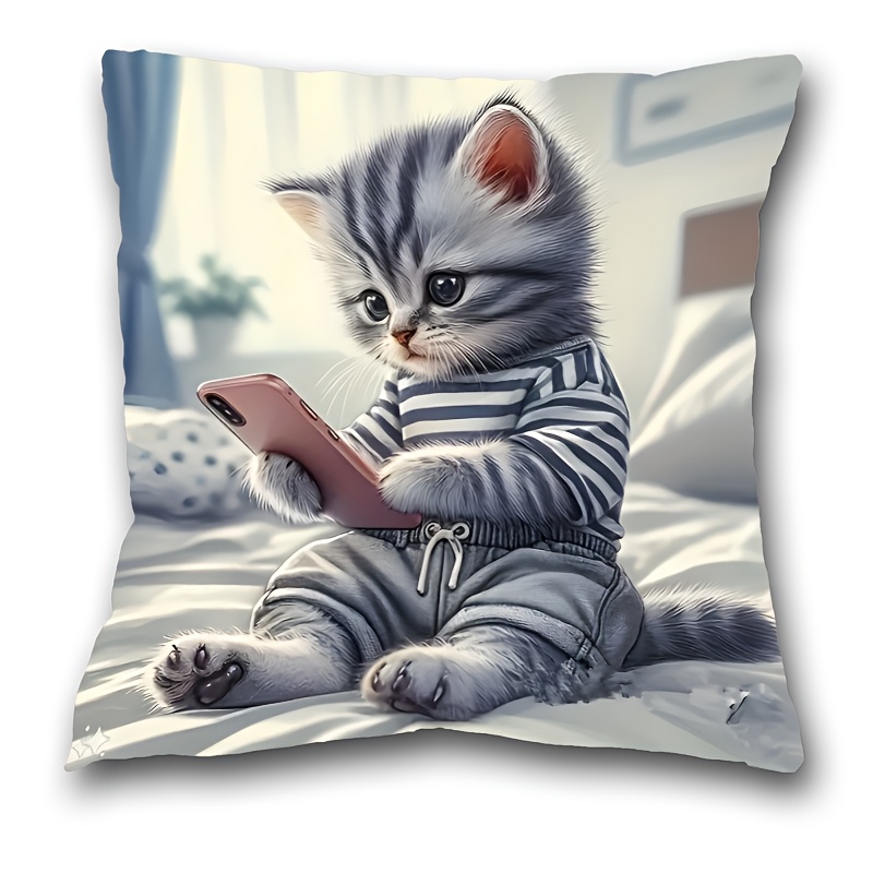 

1pc French Style Cat Print Short Plush Pillowcase, 17.7"x17.7" Machine Washable Polyester Zippered Cushion Cover, Animal Theme Home Decor For Living Room Bedroom