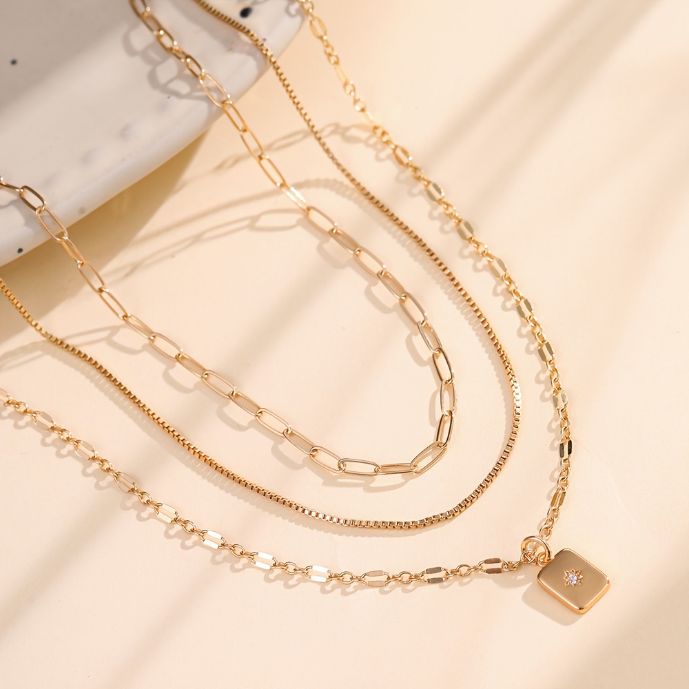 Paperclip Necklace Set with Zirconia Pendant - 3pcs