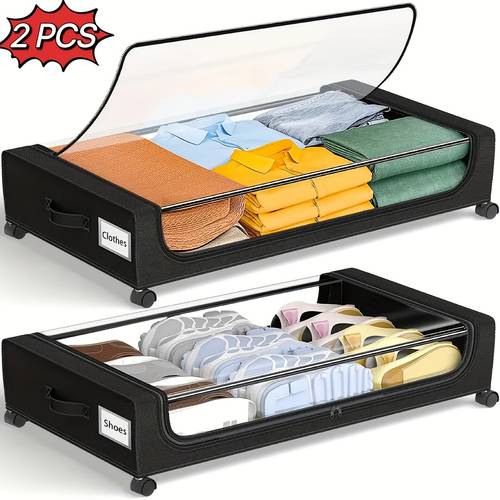 set of 2 rolling storage bins for under the bed featuring transparent lids ideal for organizing clothes shoes and in a sleek under bed storage