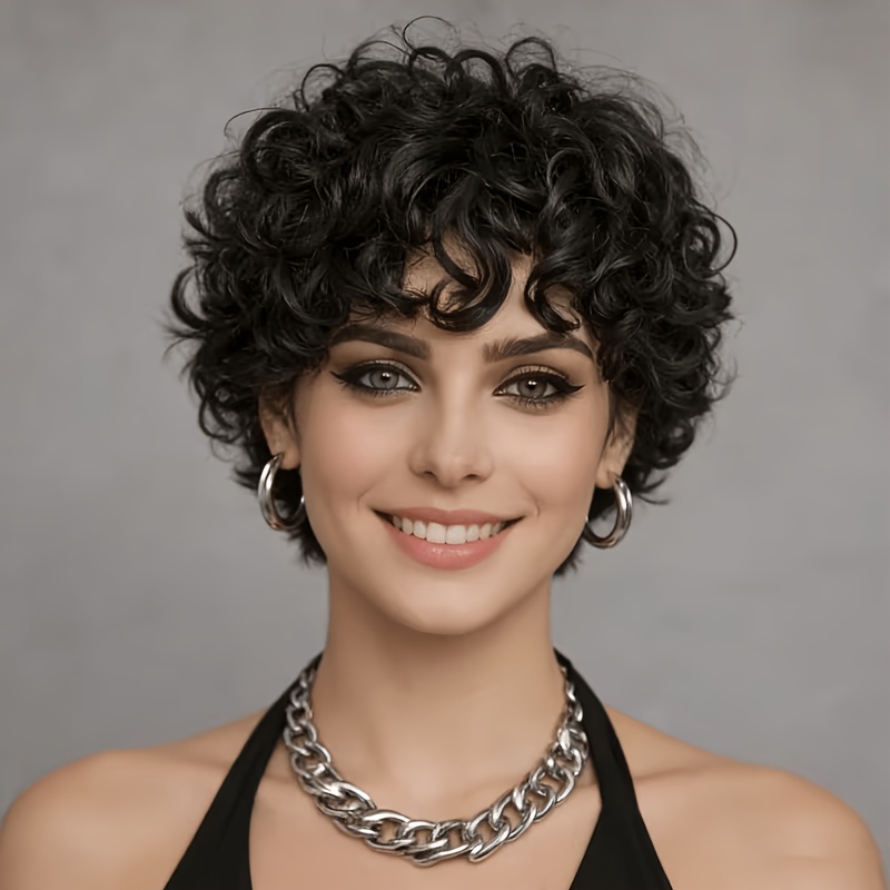 TEMU Perruque en Cheveux Humains Brésiliens pour Femmes et Hommes - Coupe Courte Bouclée de 6 Pouces avec Frange, Bouclées Profondes à 180 % de ,