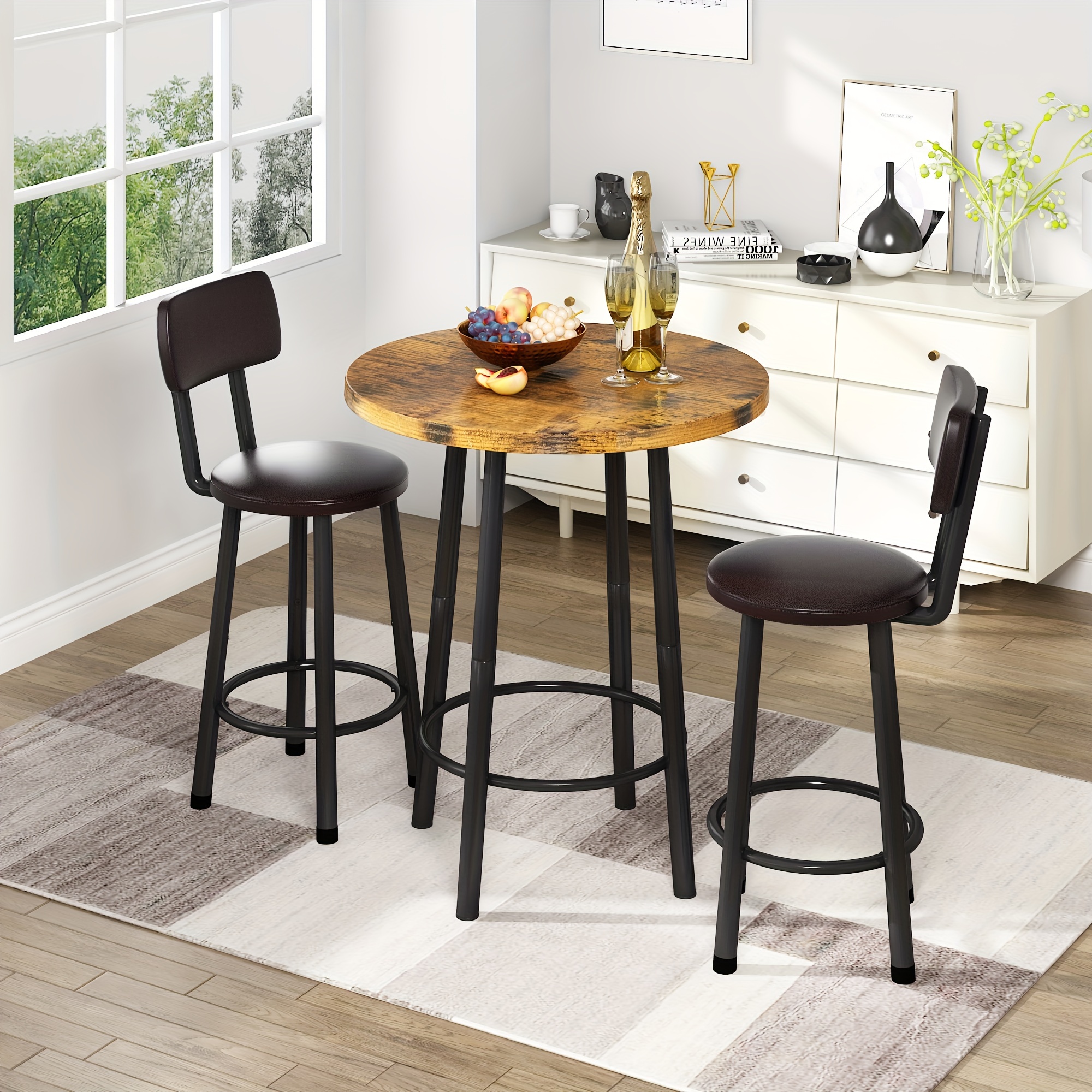 TEMU Bar Table And Chairs Set For 2, 3pcs Round Bistro Pub Table With 2 Pu Upholstered Stools, Counter Height Set, Pub Dining Table Set For Kitchen,