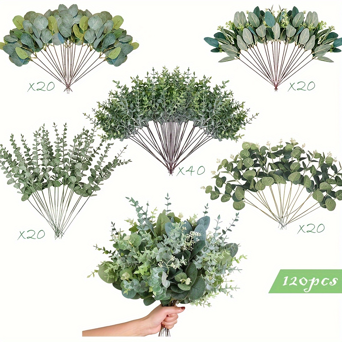 

120pcs 5 Kinds Mixed Artificial Eucalyptus Leaves Stems, Bulk Fake Seeded Silvery , Faux Eucalyptus Greenery Plant Branches For Wedding Vase Centerpiece Flower Arrangement Decor