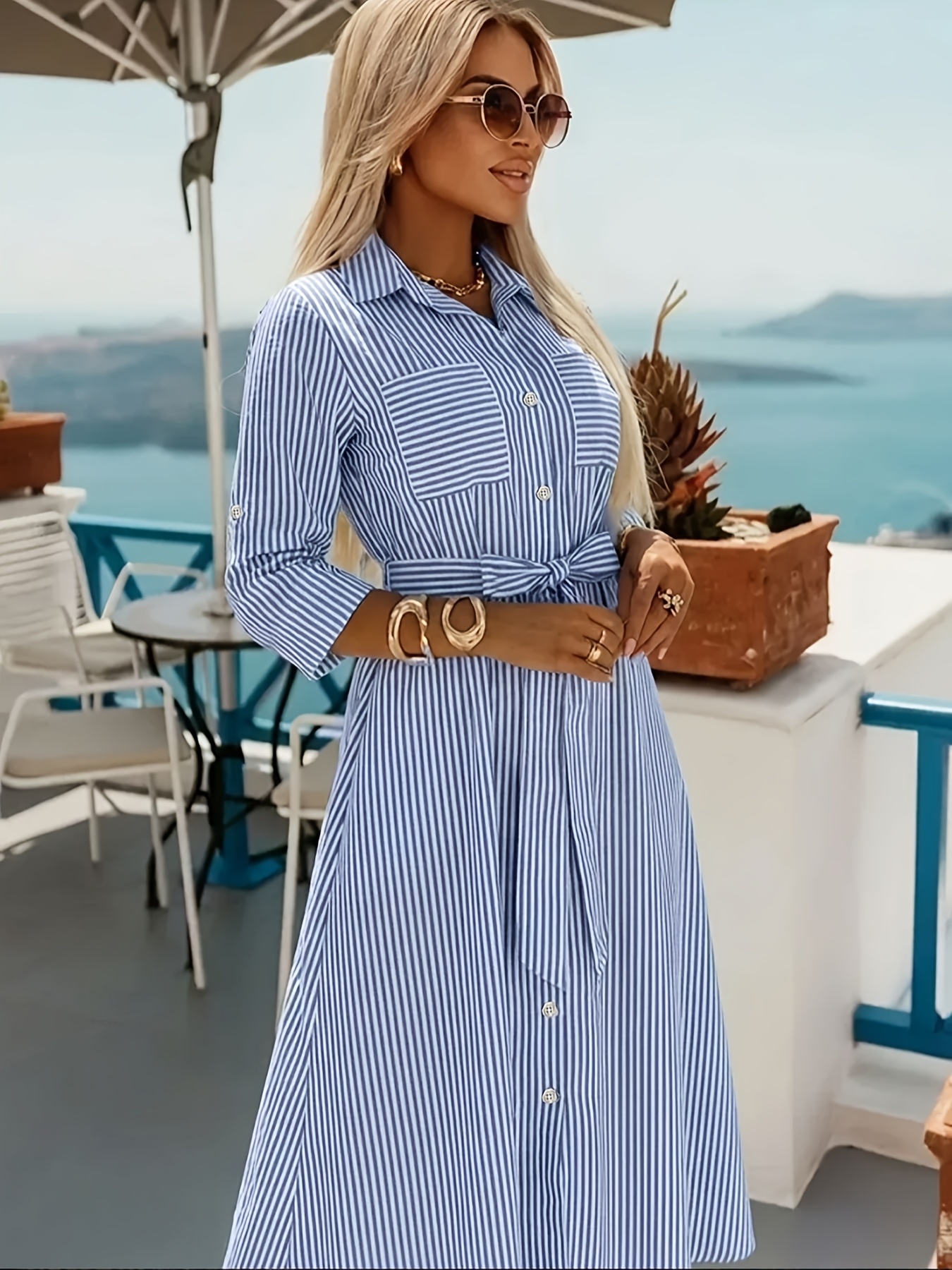 Women's Casual Striped Shirt Dress with Lapel Collar, Three-Quarter Sleeves, Tie-Waist, Flowy * Beach Dress, Elegant Striped Lapel Shirt Dress with Three-Quarter Sleeves, Waist-Tied Drawstring, Front 