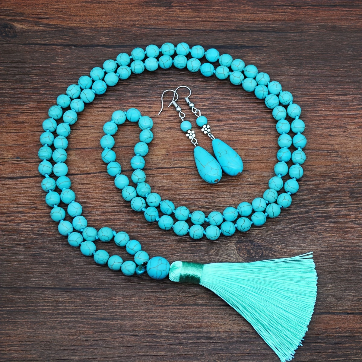 

Women Bohemian Turquosie Jewelry Set 8mm Round Beads Handmade Knotted Tassel Pendant Long Necklace + Dangle Earrings