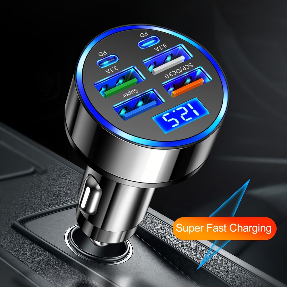 

6port Usb Car Charger Adapter With Voltage Display 2 Pd And 4 Usb A Super Fast Charge In Car For Iphone 15 Pro Max 14 Plus 13 12 11 Ipad Samsung Galaxy Vivo