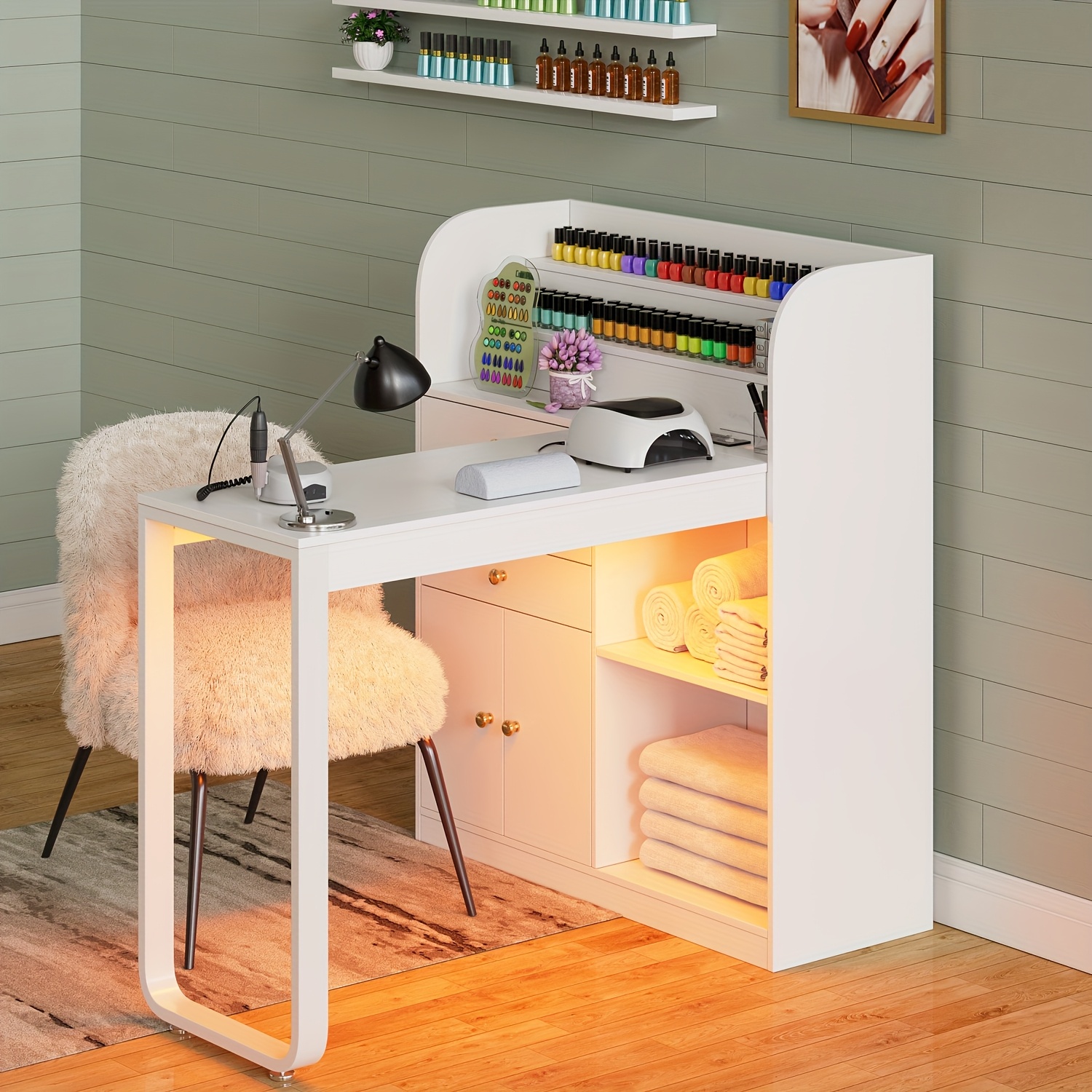 PAKASEPT L-Shaped Manicure Table with Storage Drawers & Cabinet - White Artificial Wood Vanity Desk, 3-Drawer Organizer for Nail Art, Pedicure Tools, and Accessories, Easy Assembly, No Power Needed, Manicure Accessories, Pedicure Equipment, Modern Manicure, Elegant Design, Wooden Construction, Beauty Enthusiasts