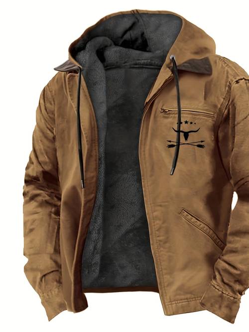 1pc vintage western denim hoodie for men full zip hooded jacket with animal streetwear polyester long sleeve regular fit non woven fabric heat transfer printing daily outdoor wear
