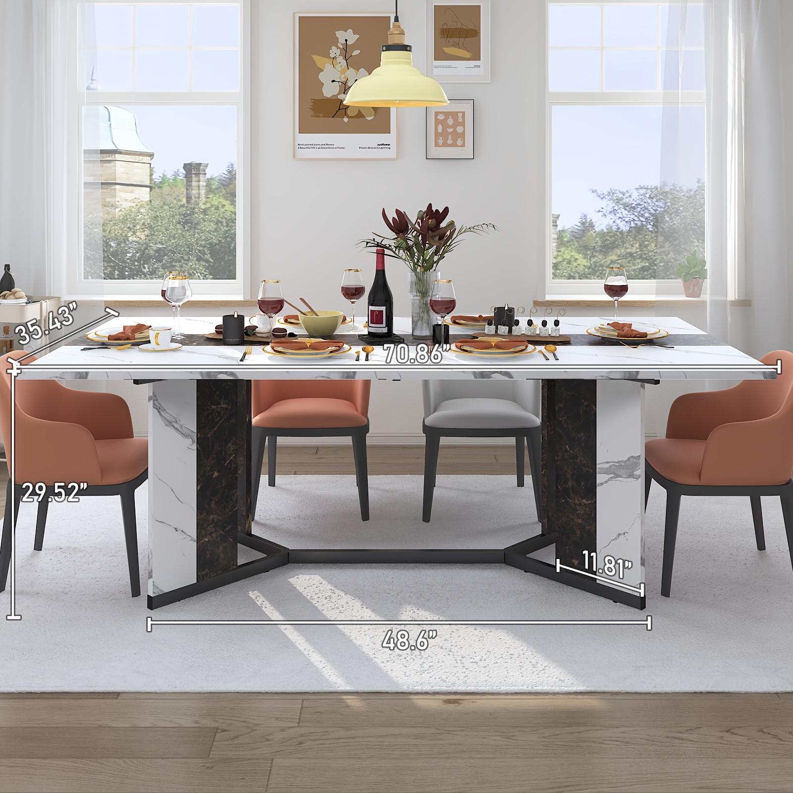 Waterproof and Scratch-Proof Dining Table - Luxurious 71-Inch Large Rectangular with Marble-Color Wood Top - Adjustable V-Shaped Legs for 4-7 People - Ideal for Family Dinners, Office, Kitchen, Living Room
