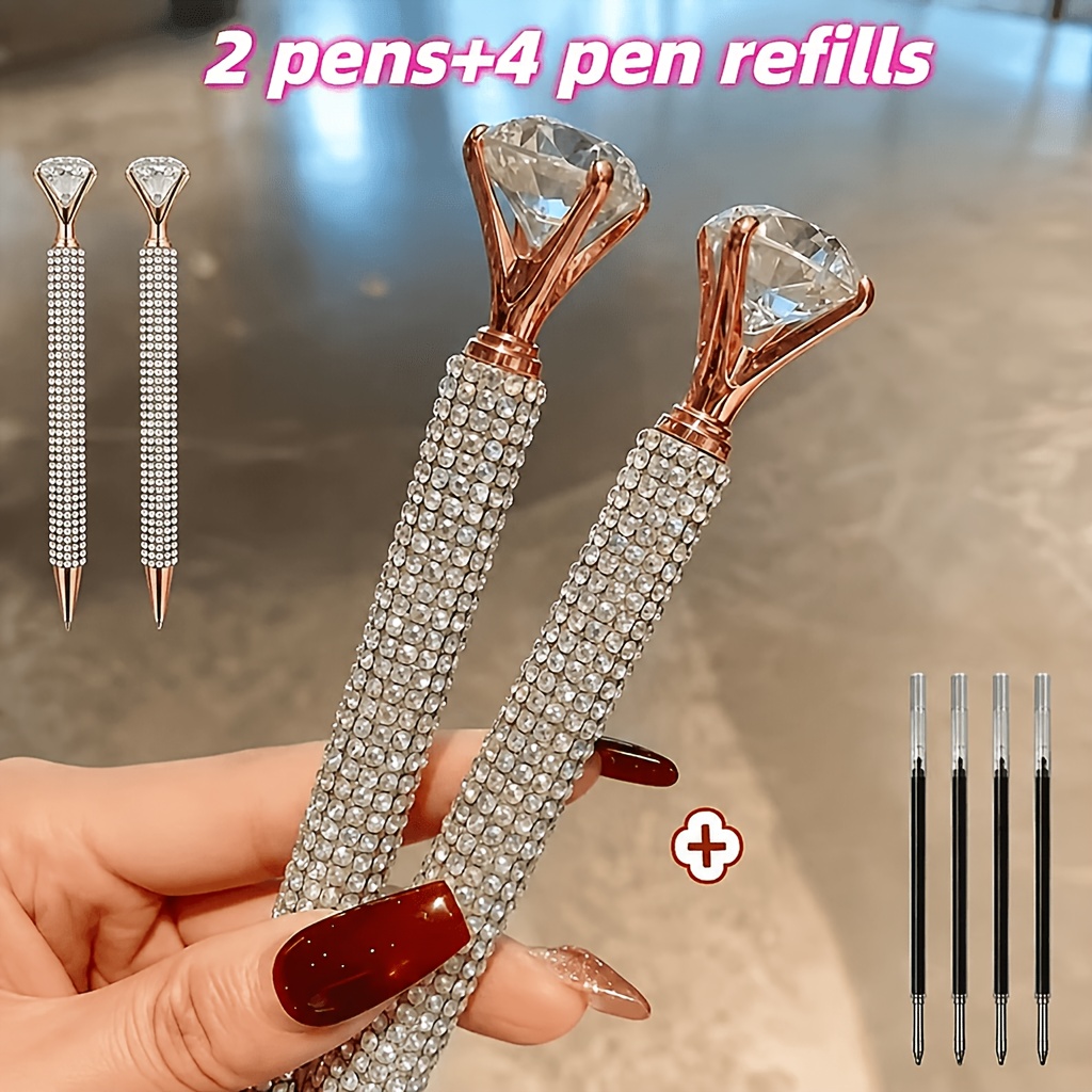 TEMU 6pcs Light Diamond Ballpoint Pens 2pcs Pens And 4pcs Refills Sparkling Office Supplies Creative Gift Writing Pen Suitable For Teachers And