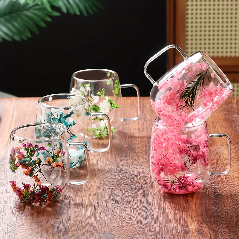 2pcs double walled glass mugs 13  cold resistant stylish   with white flowers green leaves   coffee tea milk juice ideal for home office outdoor use great gift for   office glass mug modern transparent mug heatresistant glass coffee bar accessories 3