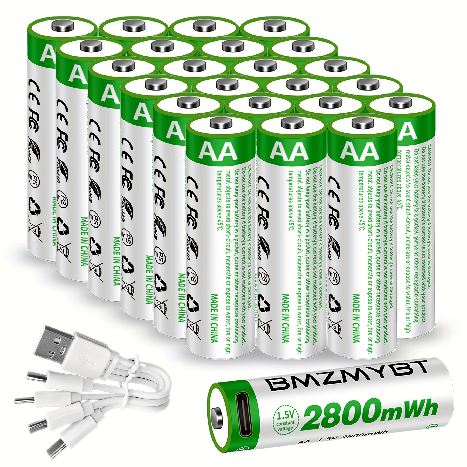 TEMU 24 Stück AA-Batterien, USB/Type-C wiederaufladbare Lithium-Ionen-Akkus, 1,5V 1867mAh 2800mWh Hochkapazität, 1,5 Stunden Schnellladung, konstante