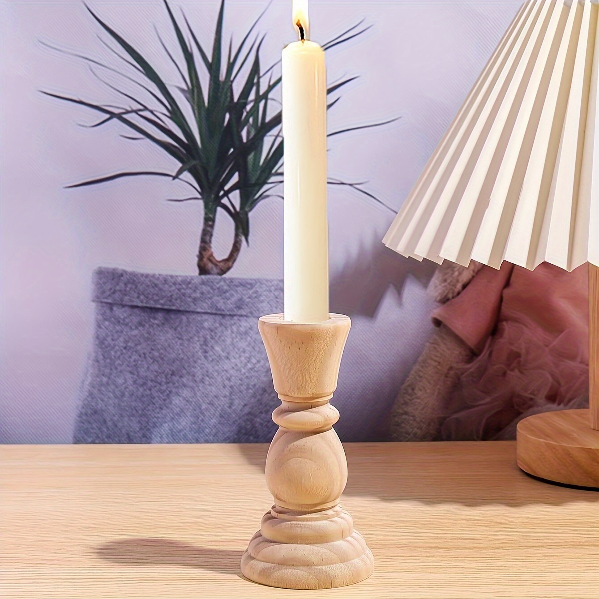 

1pc Wooden Candlestick Holder, Solid Wood Rustic Wedding Decor, Camp Dining Table Candle Accessory, Model Room Display Piece, Natural Finish - 5.6in Height