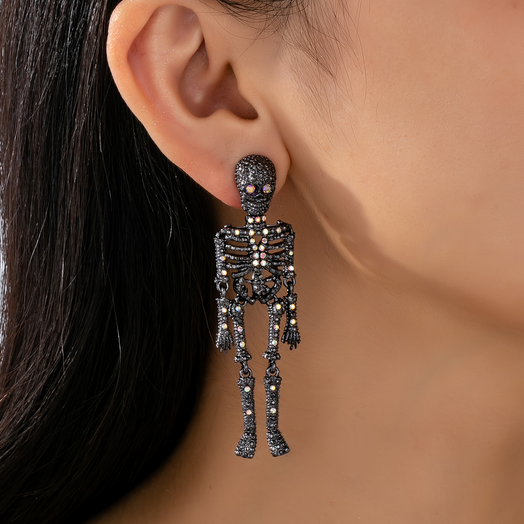 TEMU A Pair Of Gothic Halloween Skeleton Ladies Earrings, Alloy Inlaid With Bright Colored Glass Rhinestones, Fashionable Party Halloween Unique