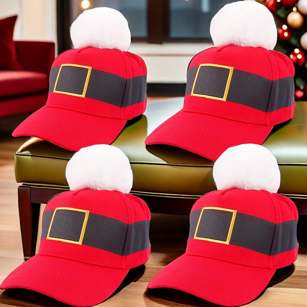 

4pcs Christmas Hats With & Santa Belt - Lightweight, Non-stretch Cotton For All - Outdoor & Holiday Parties