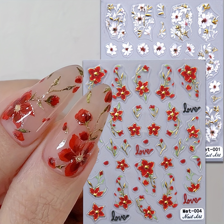 

2pcs 3d Nail Art Stickers - Embossed Golden Sakura & Decals With Floral , Self-adhesive Manicure Decor For Elegant Nail Designs, Beauty Accessories | Elegant Nail Stickers | Singleuse Stickers