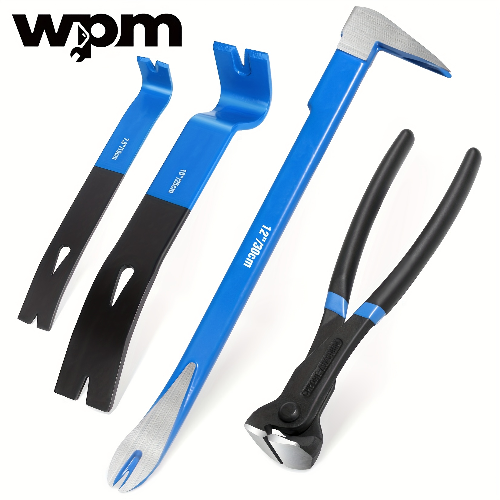 TEMU Wpm 4pcs Pry Bar Set, 12-inch Nail Puller, 10-inch & 7.5-inch Flat Claw Pry Bars, 8-inch End Cutting Pliers, , Nail Remover Tool For Baseboard,
