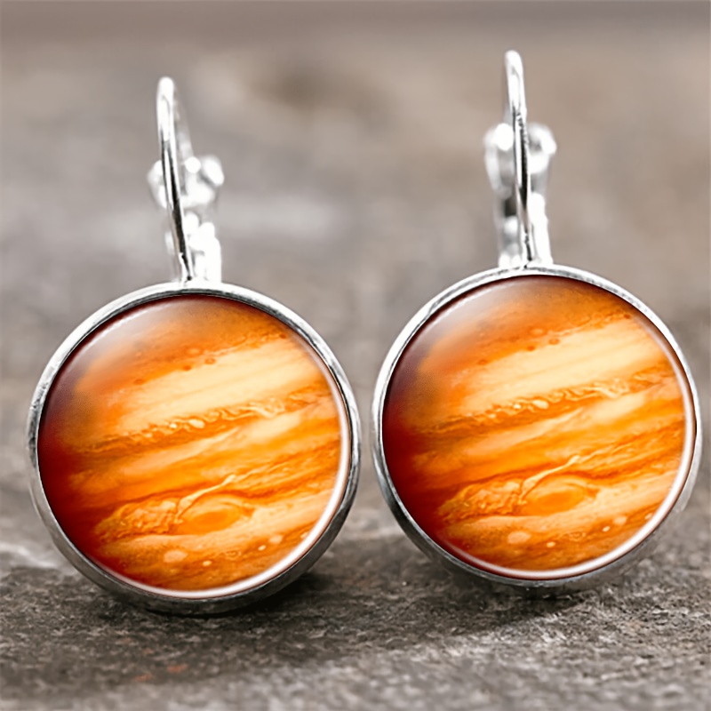 Exquisite White Round Glass Inlaid Earrings, Planetary Design