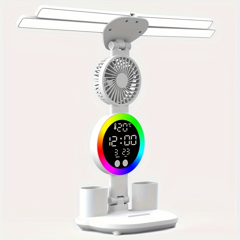 TEMU Touch Control Led Study Lamp With Built-in Fan And Pen Storage, Dual Head Adjustable Lighting, Time And Temperature Monitor With Color Changing