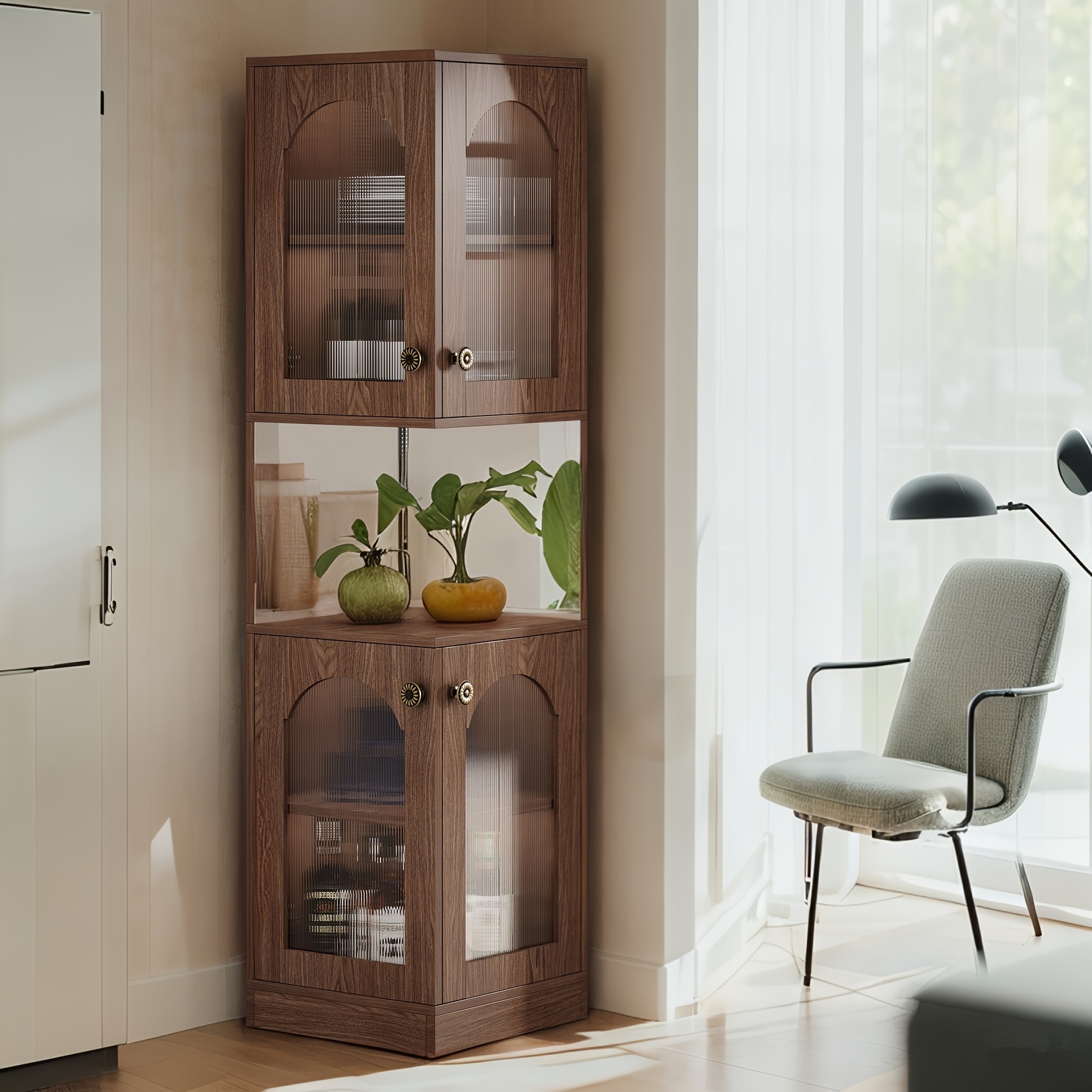5-Tier Corner Bookcase, 78.7-inch Vintage Display Cabinet, Farmhouse Bookshelf with Doors & Mirrors, Freestanding Storage Rack for Home Office