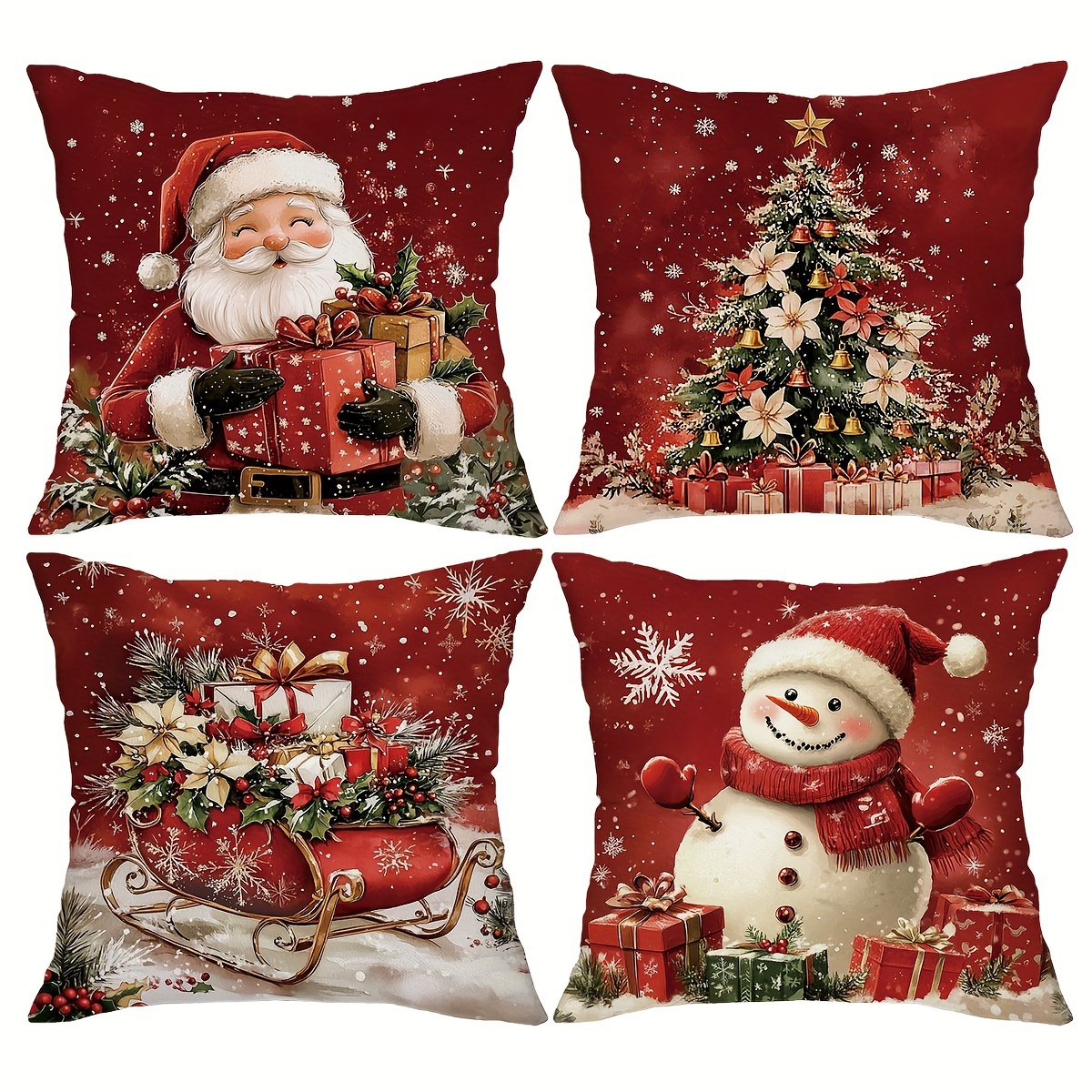 TEMU 4pcs Festive Christmas Throw Pillow Covers, 18x18 Inch, Zipper Closure, Retro Santa & Snowman Designs With Gift Boxes And Wreaths, Farmhouse