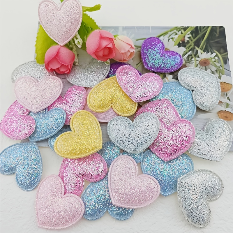 Image of 50pcs Glitter Peach Heart Shape Additions For Hat Sewing Supplies Headdress Hair Clips Bow Decoration Patches