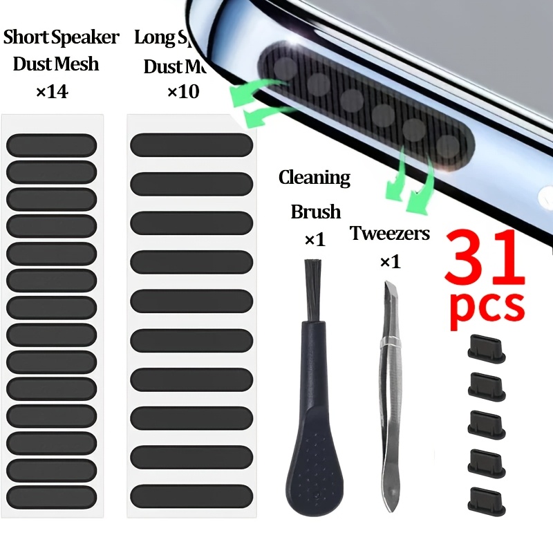 TEMU 31pcs Universal Phone Speaker Dustproof Mesh Patches And Metal Charging Port Dust Plugs, Suitable For Iphone, , Xiaomi, Ios, Type-c