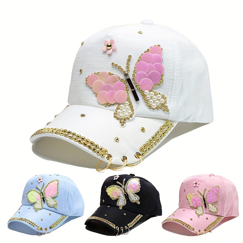 

Butterfly Embellished Cotton Foldable Baseball Cap, Adjustable Stylish Casual Outdoor Sun Hat With Pearls And Rhinestones, For Teens