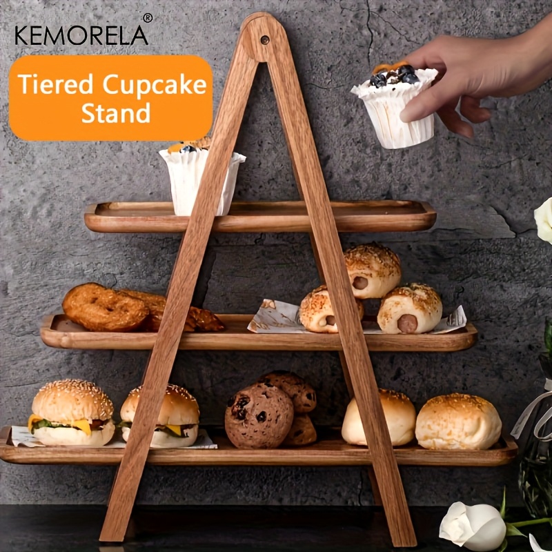 

Kemorela Elegant 3-tier Wooden Cake Stand - Food-safe Display Tray For Cupcakes, Pastries & Desserts With Decorative Toppers - Weddings, Parties & Restaurants