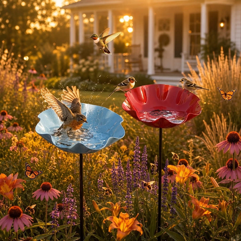 TEMU 2-pack Metal Flower Garden Art Stakes Bird Feeder, Bird Waterer, Bird Bath, Backyard Bird Feeder, Outdoor Bird Feeder, Flower Shape, Metal