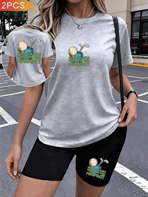 2pcs set stylish and elegant womens golf set with golf ball and club pattern fun text accents round neck short sleeve top and fitted shorts suitable for festivals outdoor picnics camping parties etc