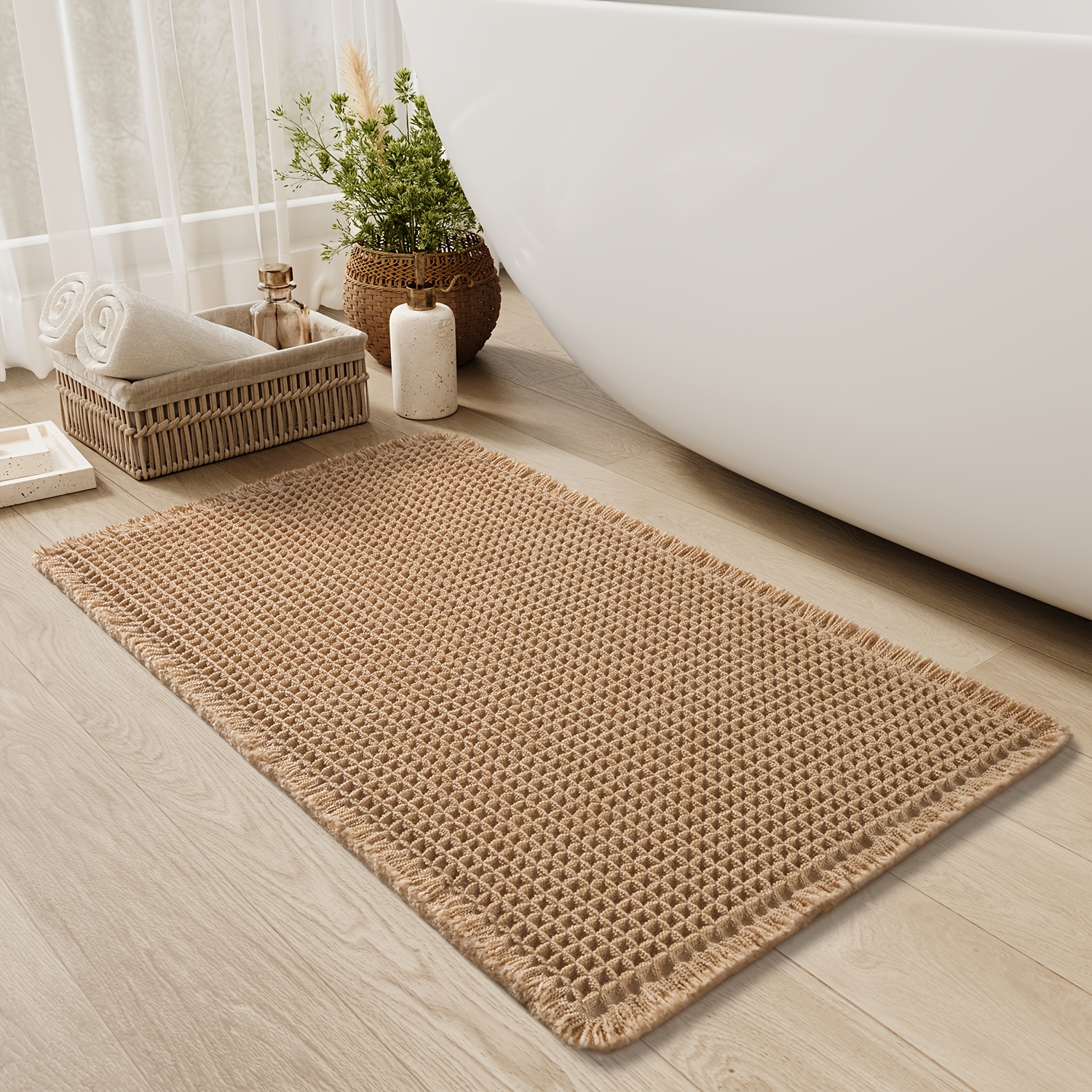 

2pcs/set Waffle Bath Mat Rug, Non Slip Bath Mats For Bathroom Mat Bathmat Machine Washable Bathroom Rugs With Tassels, Bath Rugs For Bathroom Floor Tub