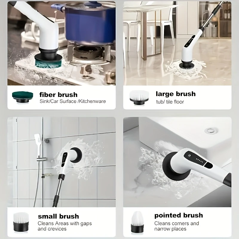 versatile 9 in 1 electric spin scrubber with wireless brush head battery power indicator settings extendable detachable handle multiple replaceable heads for cleaning in kitchen bathroom living room more details 2
