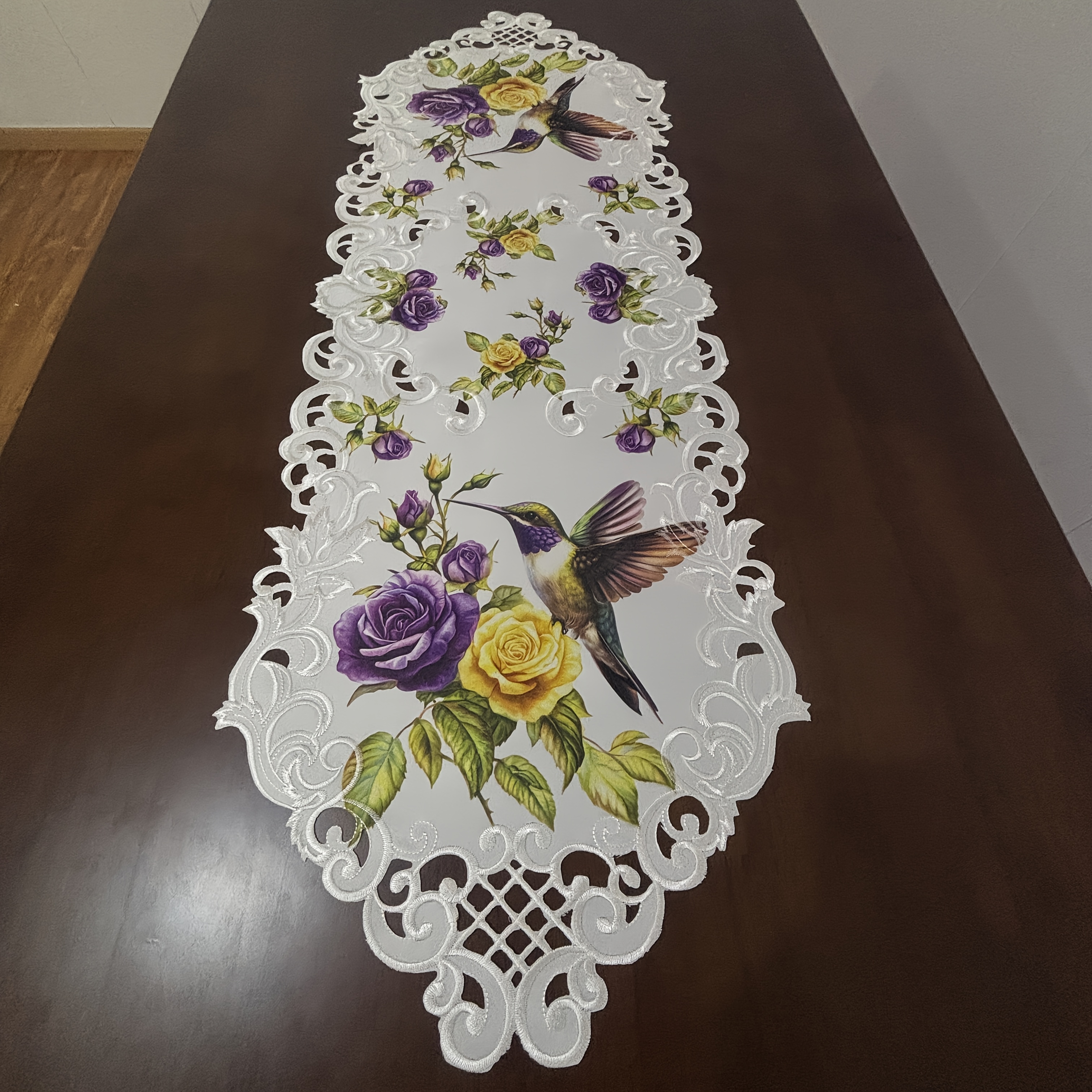 Image of Spring Rose Flowers Hummingbird Embroidery Hollow Table Runner Printed Rose Hummingbird Tablecloth Suitable For Home Kitchen Dining Table Spring Holiday Desktop Decoration