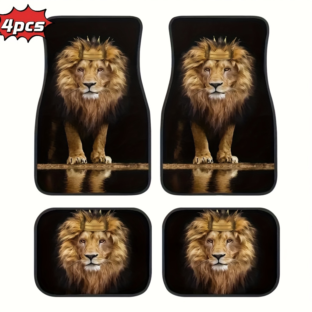 

4-piece Set Universal Car Floor Mats - Polyester Fiber, Water-absorbent & Non-slip, Easy To Clean, Perfect Gift For Lion Enthusiasts