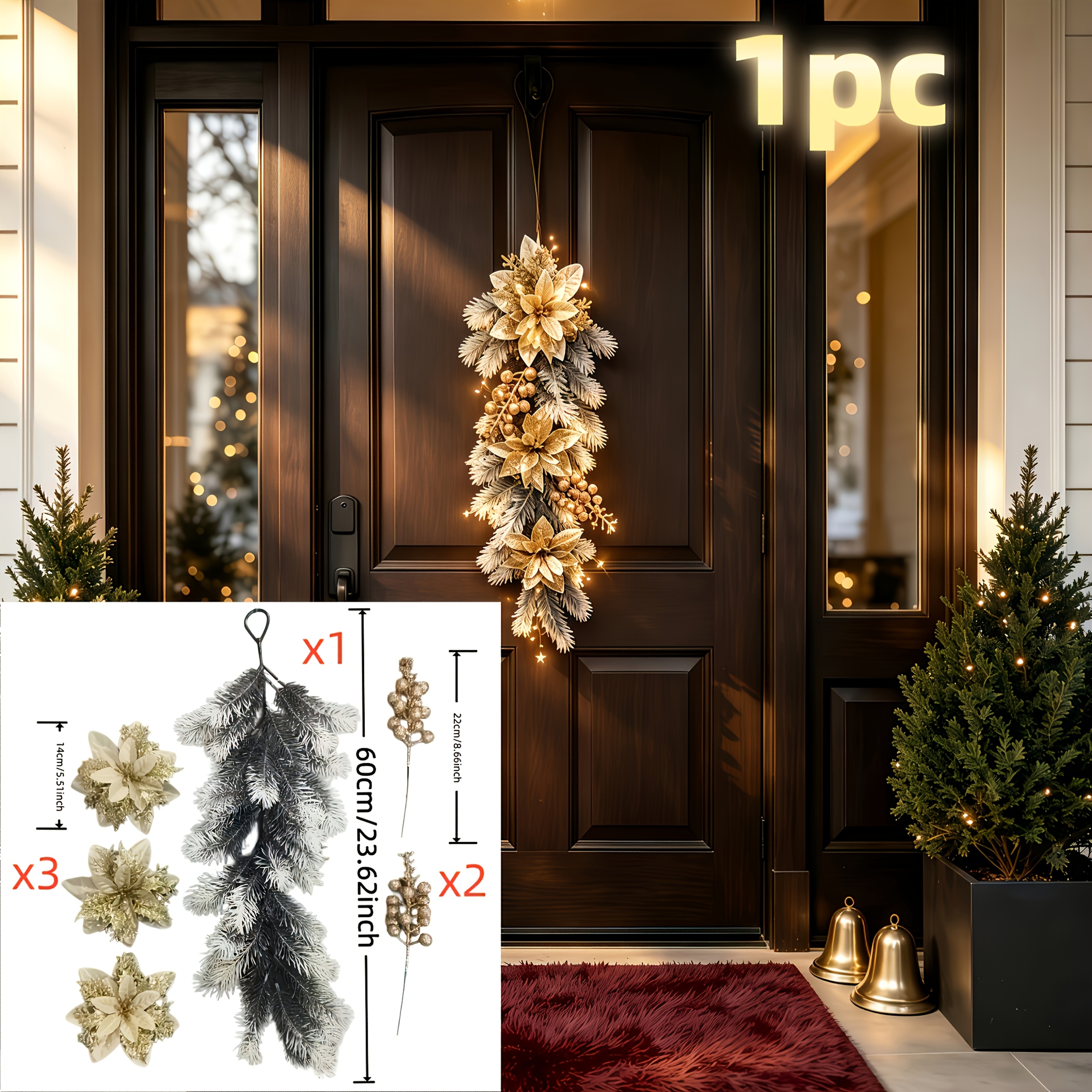 TEMU 1pc High-end Light Luxury Golden Poinsettia Large Christmas Hanging Ornament, 60cm/23.62inch Snow-covered Pine Needle Door Decoration With