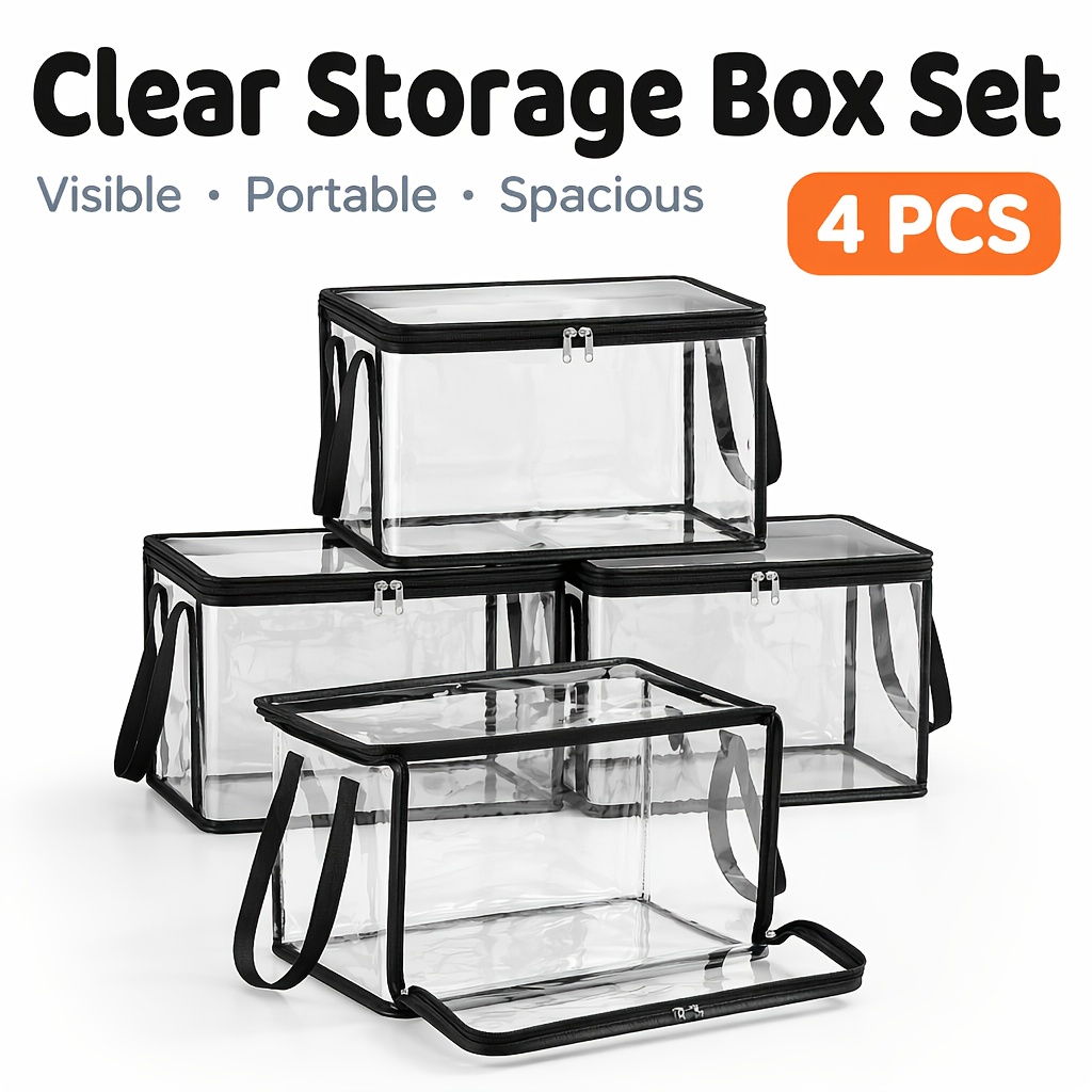 TEMU 4pcs Set Of Storage Boxes With Lids- Durable Soft Plastic Organizer Boxes, Suitable For Books, Clothing, Snacks, And Office Supplies- Capacity,