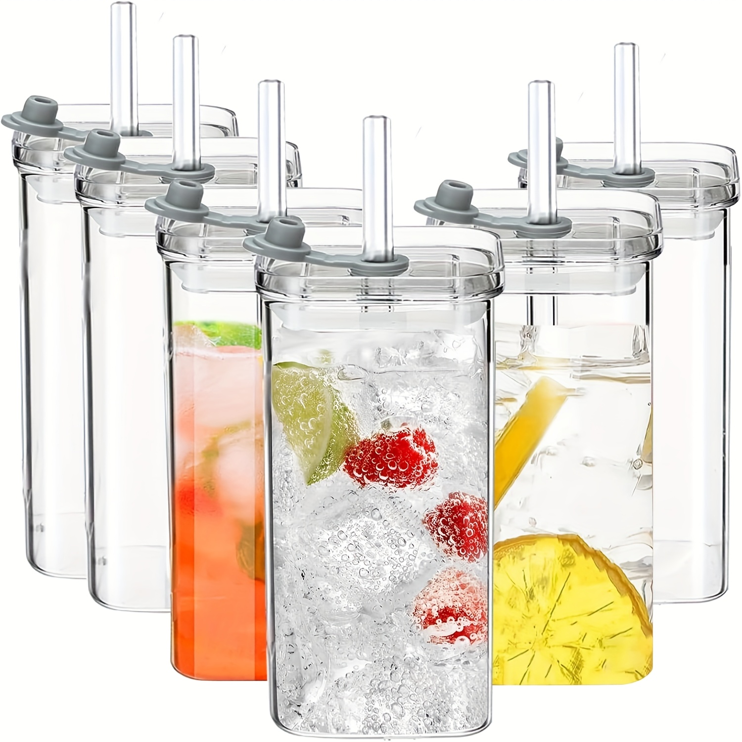 6pcs 14oz Square Tall Ball Glass With Lid, Borosilicate Glass Cup, Portable Water Cup, With Straw And Cleaning Brush, Glass, Suitable For Iced Coffee, Latte, Juice, Drinks, Picnic, Party