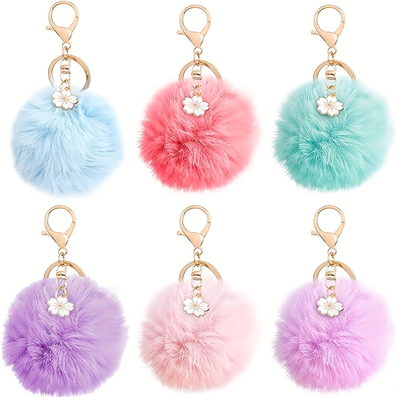 

6 Pack Fur Pom Pom Keychains, Fluffy Yarn Ball Key Rings With Flower Charm, Cute Women's Handbag Accessories, Soft Key Chain For Purses And Bags