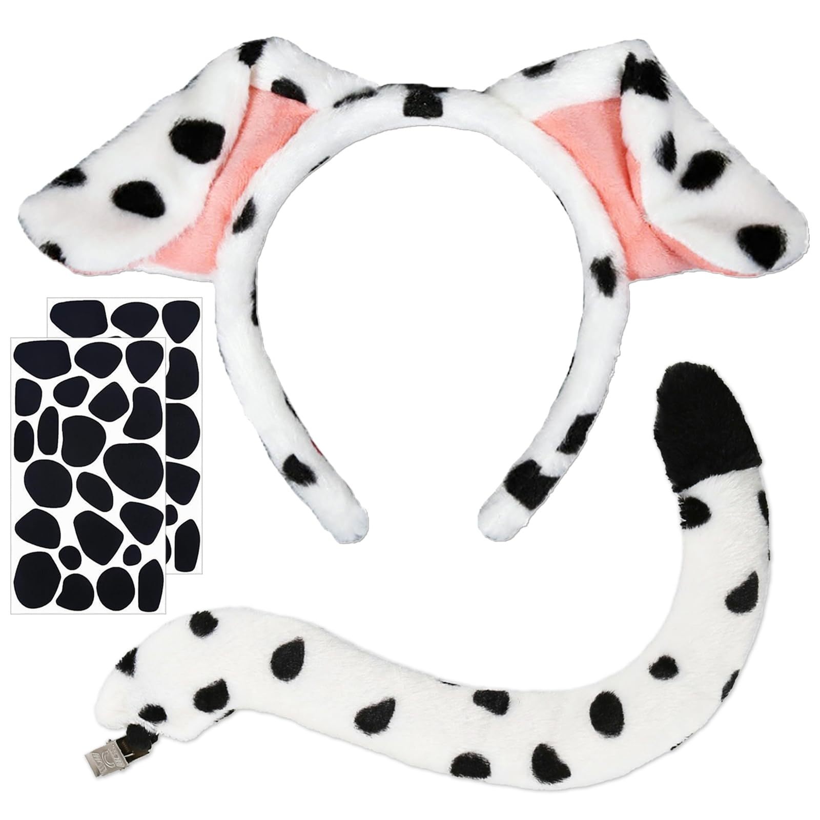 Image of 4pcs Yuebaaf Dalmatian Dog Ear Headbands With Tail Felt Stickers - Realistic Puppy Ears For Adults, Costume Party Accessories Suitable For Halloween, Christmas, Role-play (4pcs)
