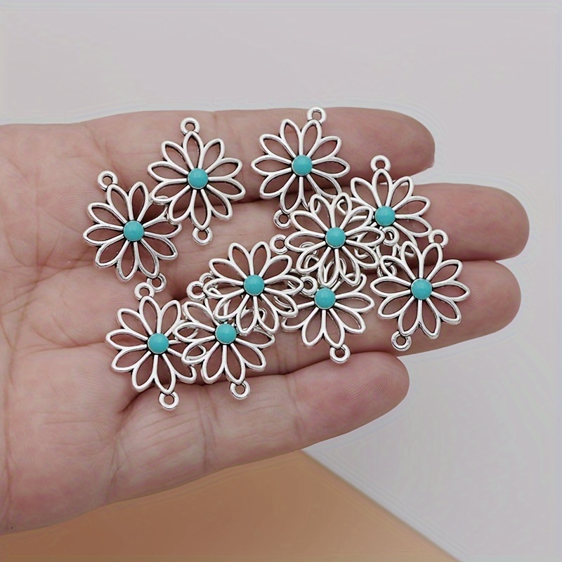TEMU 10pcs Hollow Ancient Silvery Blue Flower Connector Charms Alloy Flower Connector Pendants Charms For Jewelry Making Ideal For Bracelets And