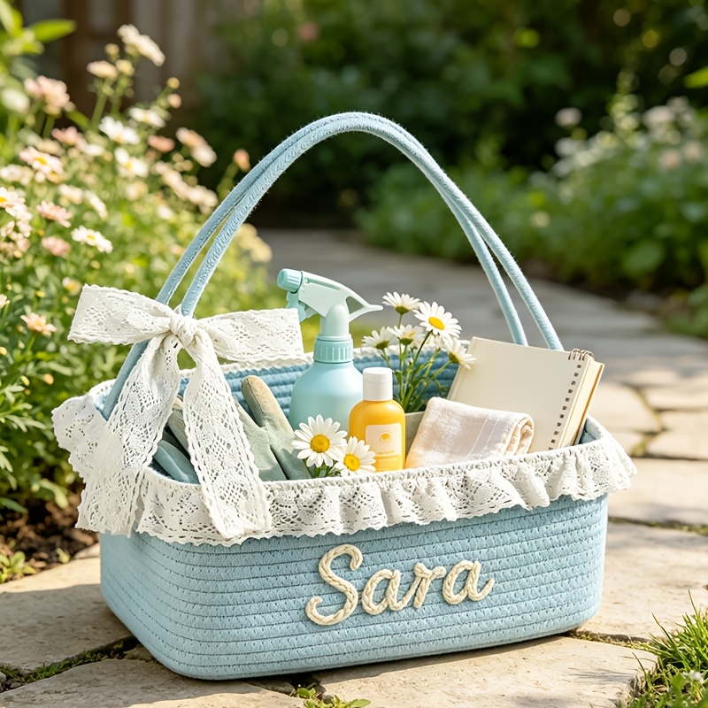 Custom Name Storage Basket with Lace Trim, Handheld Organizer