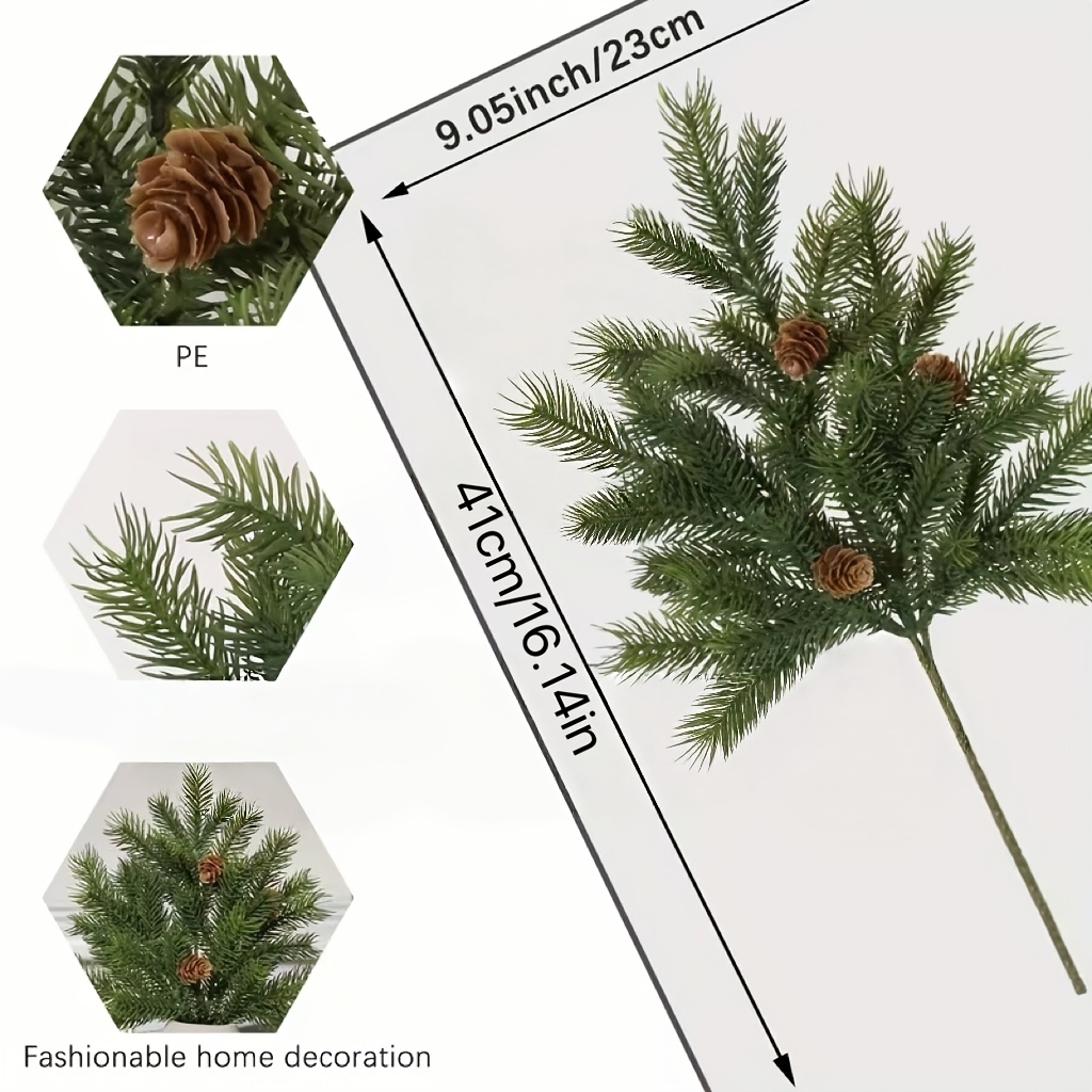 TEMU 3pcs Artificial Christmas Pine Branches With Pinecones - Realistic Green Evergreen Stems, Suitable For Home Garden Wedding Party Decor,