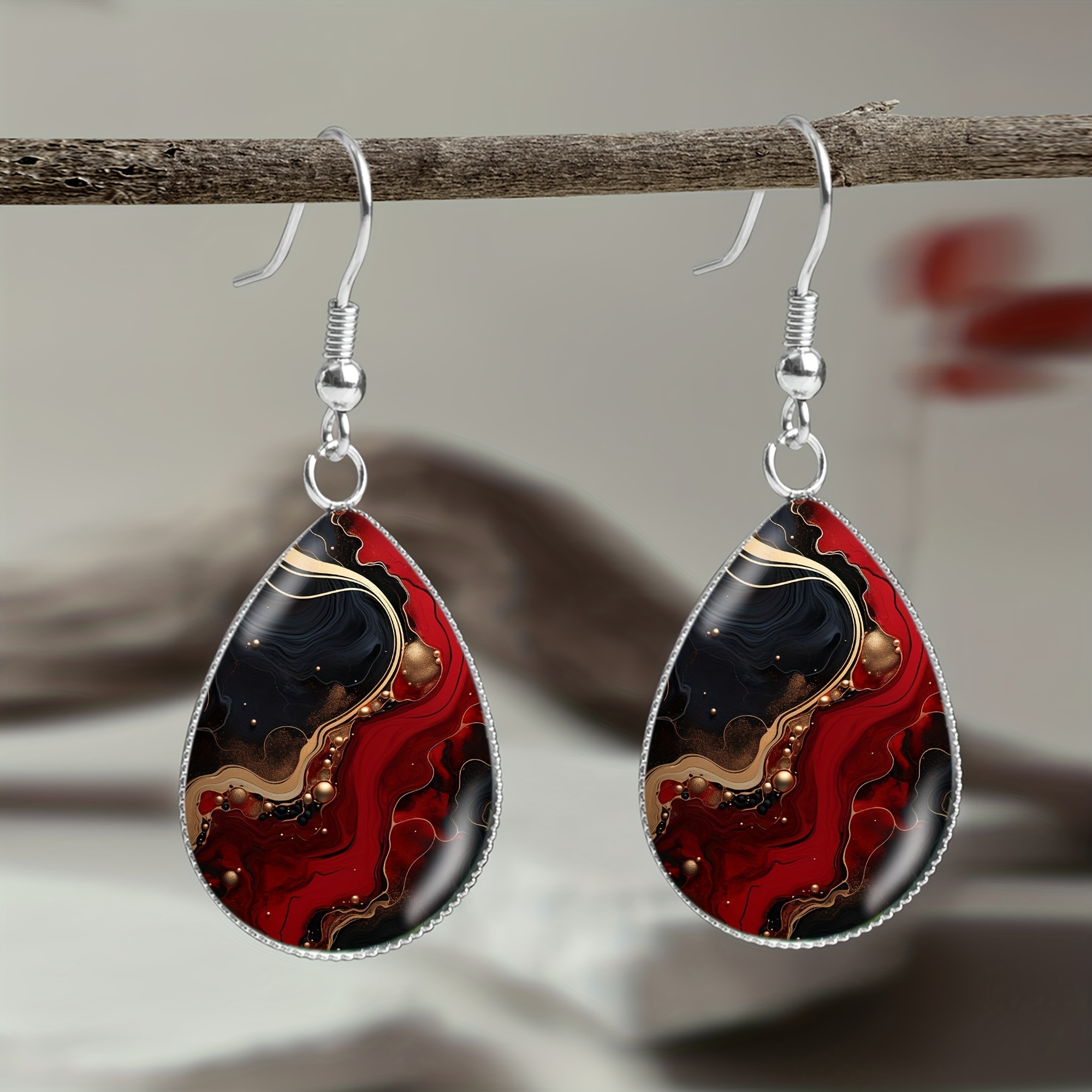 E-shop 1 Paar Schwarz-Rot Fließendes Abstraktes Muster 316 Edelstahl Tränenohrringe, Eleganter Luxus-Stil Schmuck für Damen Herren für Partys