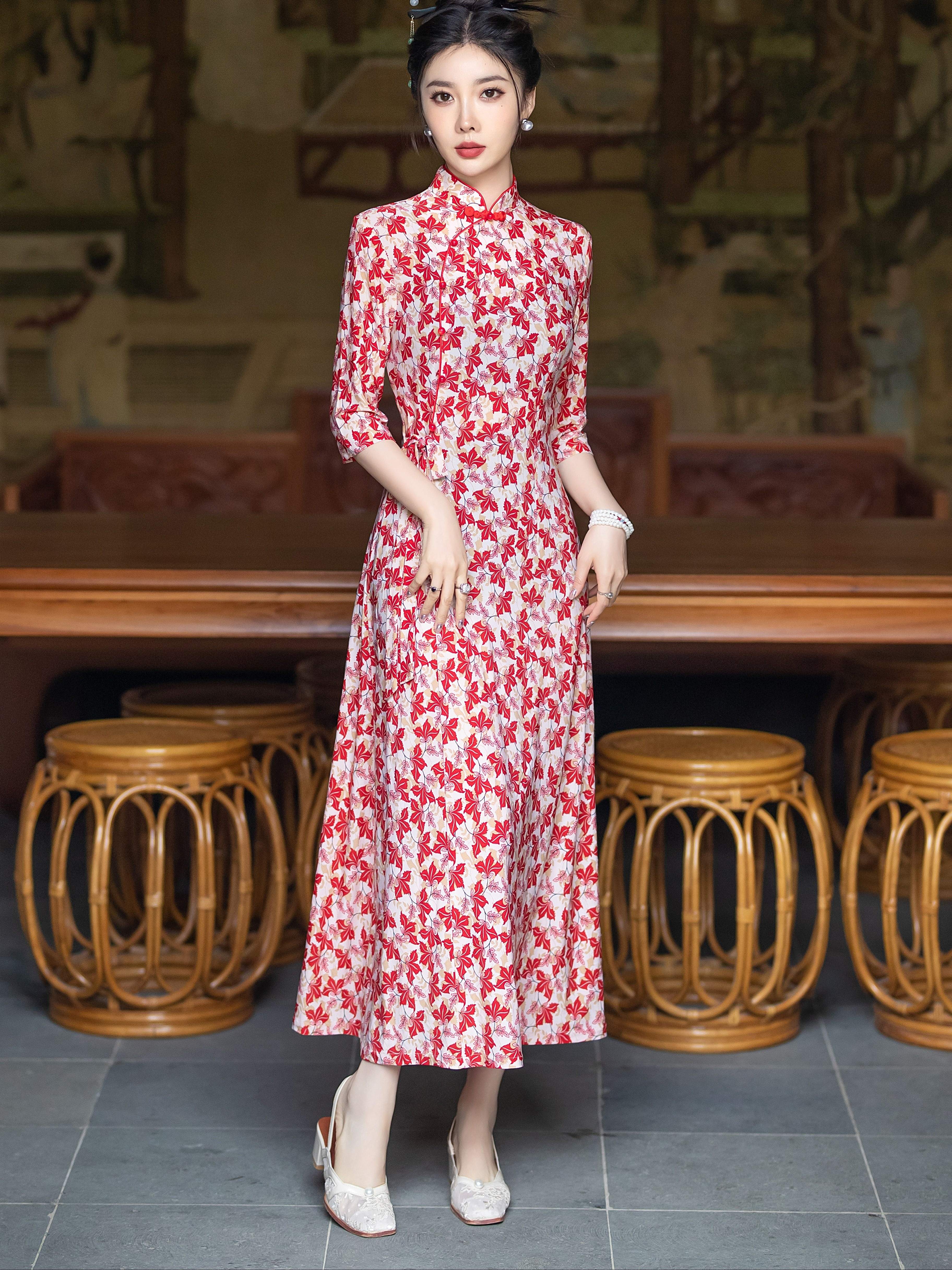 Ethnic Floral Print Cheongsam Dress Vintage Chinese Style Temu United