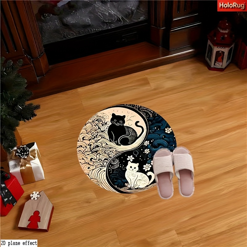 TEMU 1pc Yin Yang Cat Pattern Round Area Mat - Suitable For Farmhouse, Living Room, Bedroom, Office - Soft Lightweight Washable Decorative Floor Mat,