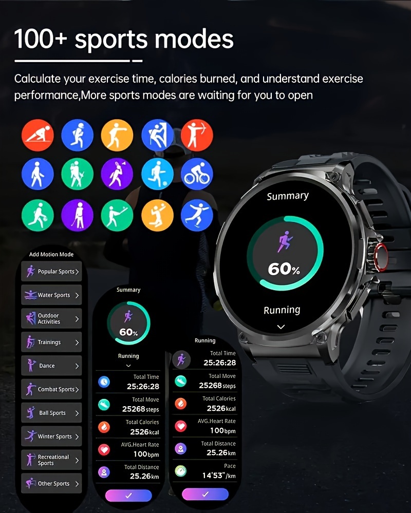 Montre Connectée Homme avec Écran HD 1,85 Pouces, Compatible Sans Fil, Appels Sans Fil et Notifications Push, Suivi Fitness avec 100+ Modes Sportifs, Moniteur de Pas/Calories/Sommeil, Contrôle Musical, Batterie Longue Durée (Compatible avec /