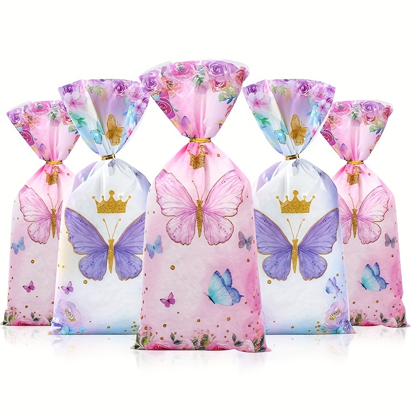 

25/50/100pcs, Crown Pink Purple Butterfly Candy Bags, Plastic Biscuit Food Gifts Packing Bag, Butterfly Happy Birthday Party Supplies, Bridal Shower Wedding Gifts For Guests, Birthday Party Decor Bags