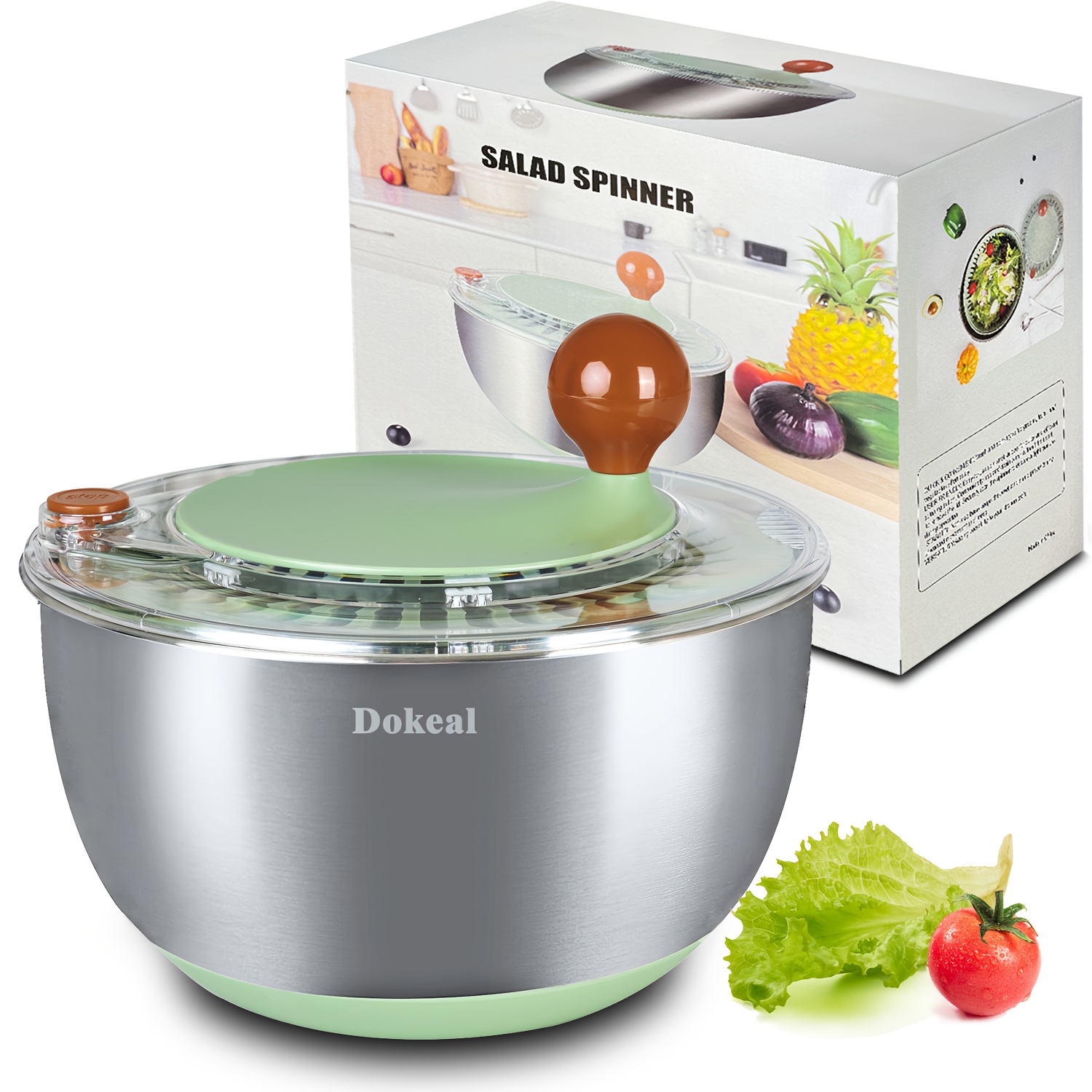 TEMU Stainless Steel Salad Spinner, Lettuce Spinner With Drain, Non-slip Base, Stop Button, Vegetable Dryer, Bpa Free, 5.3 Qt