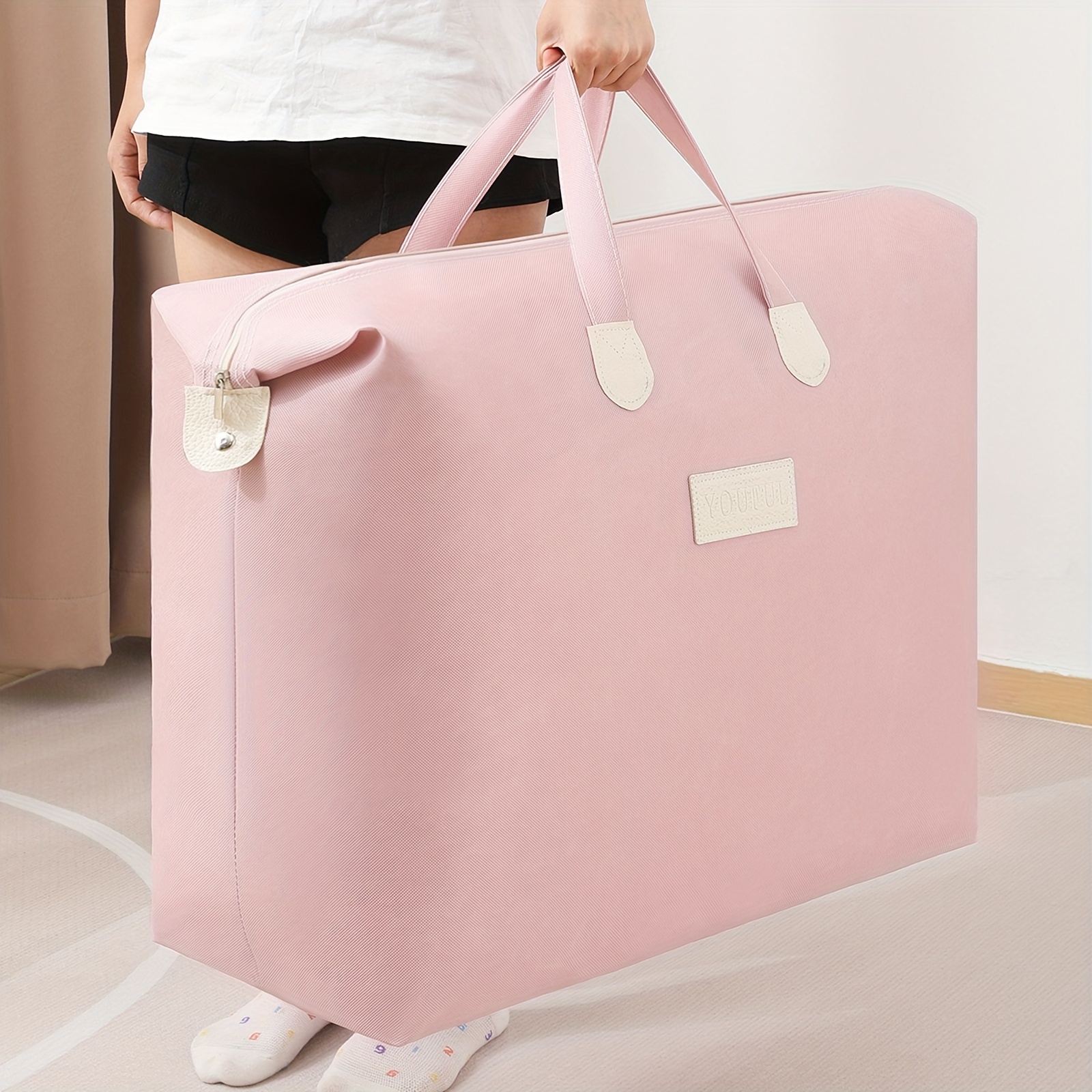 1pc YOUFEN Pink Polyester Blend Quilt Storage Bag with Zipper Closure - Portable Travel Organizer for Dorm, Clothes, Shoes & Accessories, Durable & Lightweight Design for Home, Office, Travel, Quilt Storage Bag, Dorm Room Organizer, Stylish Organizer, Sturdy Handles