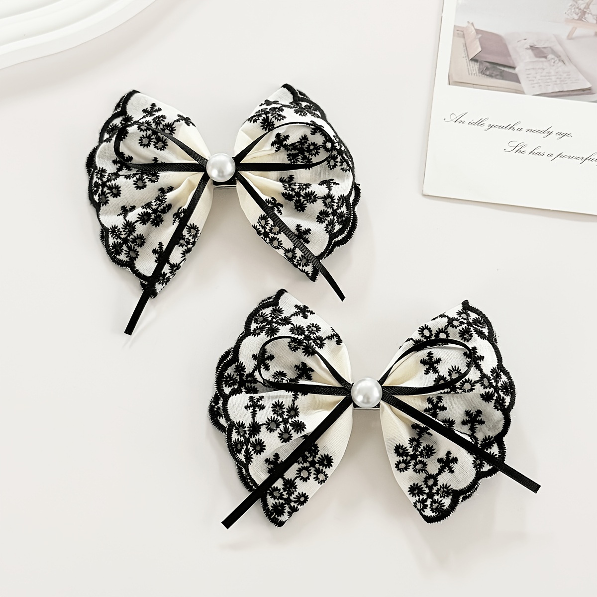 TEMU 2pcs Women's Vintage Elegant, Embroidered Flower Bow Duckbill Hair Clips, Stylish Ponytail Half-up Hairstyle Accessories, Suitable For Daily ,